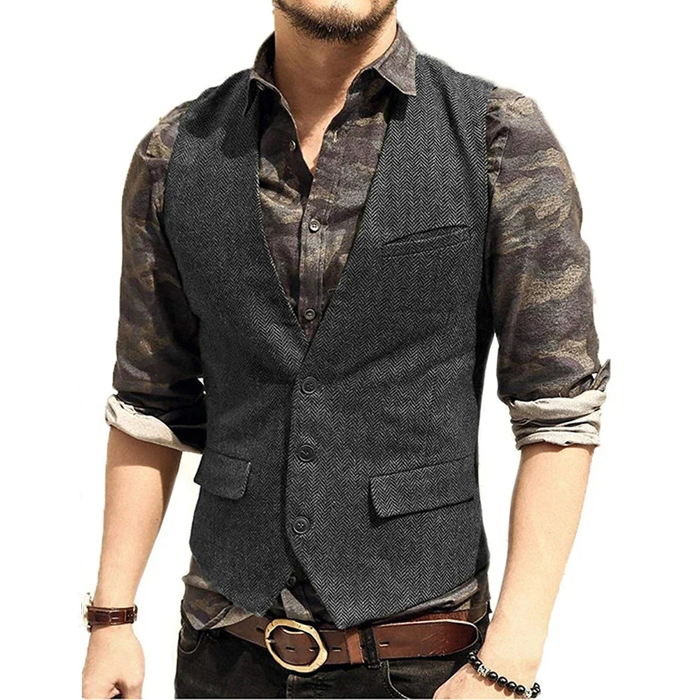 Black Men's Blazer Vest Euro Size Vintage Vests Man Single Breasted Outerwear Men's Suits Vest Spring Autumn Herringbone Vest