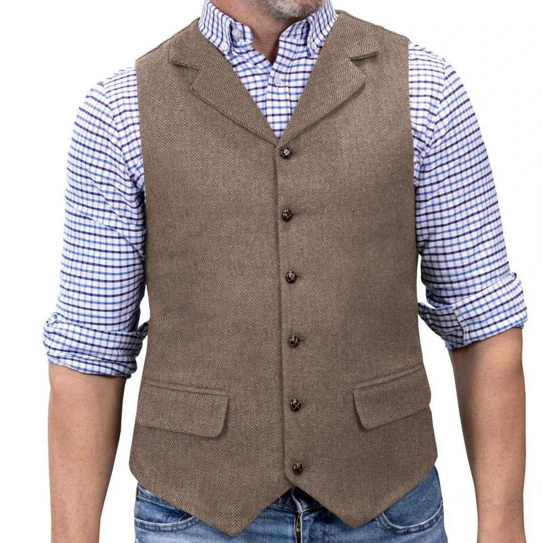 Men Vest Brown Herringbone Single Button With Lapel Waistcoat For Wedding Banquet Party Business Work Daily Casual Men Suit Vest