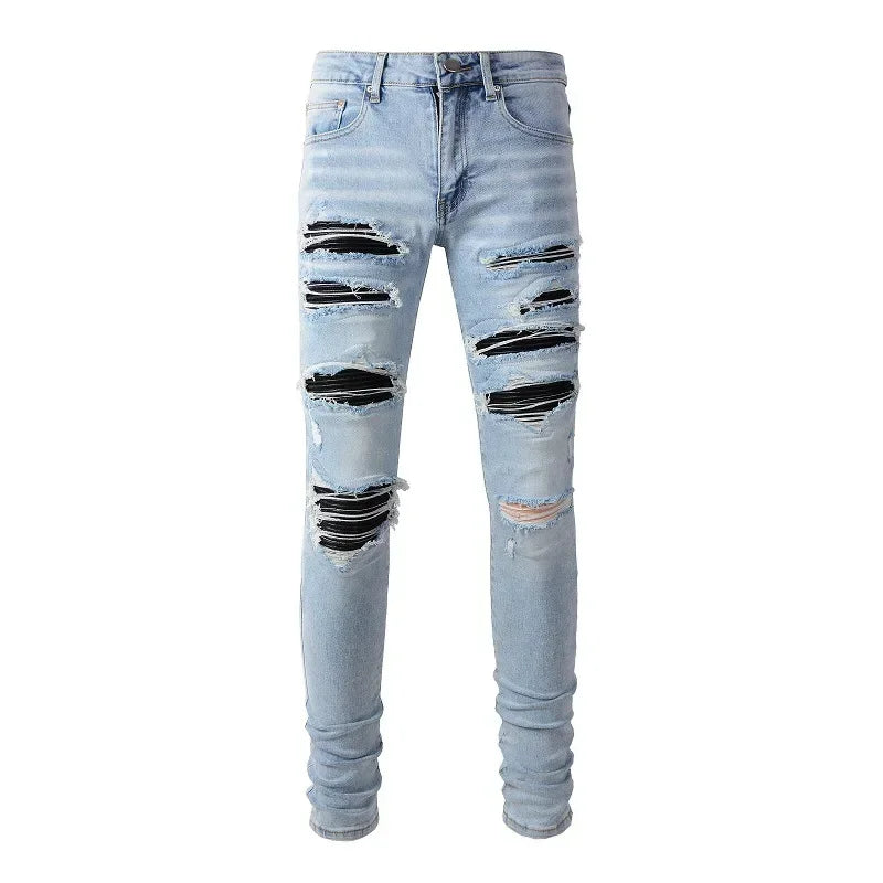 High Street Jeans Patch Hand-worn Holes Slim Skinny Jeans for Men