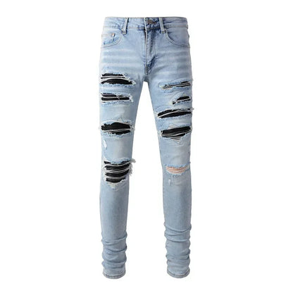 High Street Jeans Patch Hand-worn Holes Slim Skinny Jeans for Men