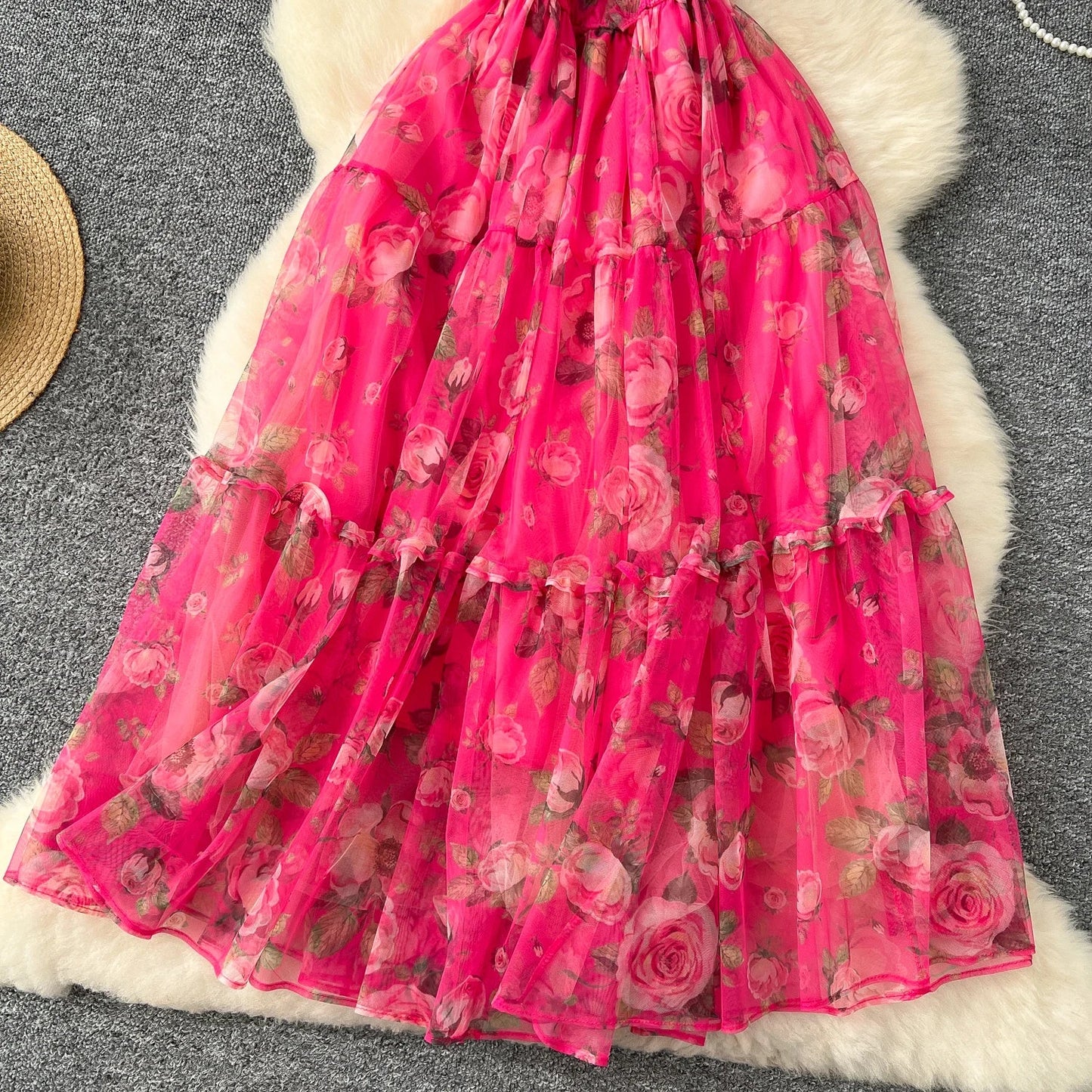 Retro Floral Chiffon Dr Women's Waist Cinched Bubble Sve Me Skirt Tea Break Gentle Soft Sle Korean High Waist A-Lin...