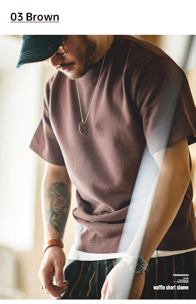Maden Retro Knit Waffle Short Sleeve T-shirts for Men's Summer Round Neck Loose Fit Casual Tee Basic Solid Color Classic Tops