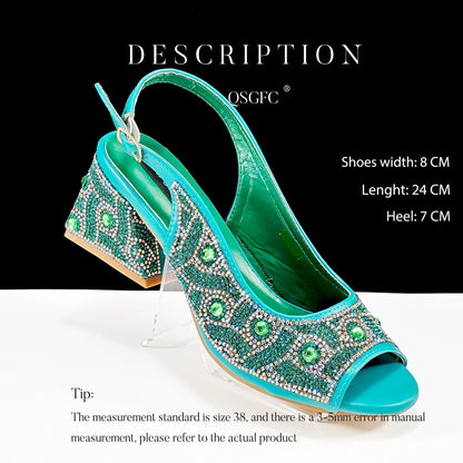 2024 Rhinestone Design INS Hot Sale New Arrivals African Shoes and Bag Set in Green Color Open Toe Comfortable Women Heels