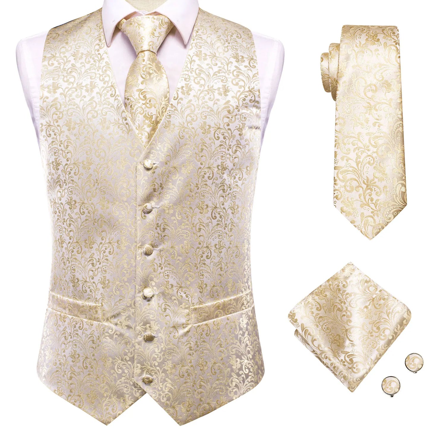 Silk Mens Vests Sleeveless Waist Jacket Jacquard Black Orange Floral Waistcoat Tie Hanky Cufflinks Set for Men Casual XXL