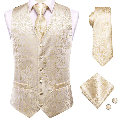 Silk Mens Vests Sleeveless Waist Jacket Jacquard Black Orange Floral Waistcoat Tie Hanky Cufflinks Set for Men Casual XXL