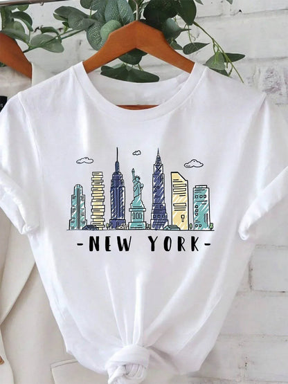 Women's Casual Round Neck Short-sleeved T-shirt with New York Pattern, A Harajuku Street Style Top for Spring and Summer.Y2K Top