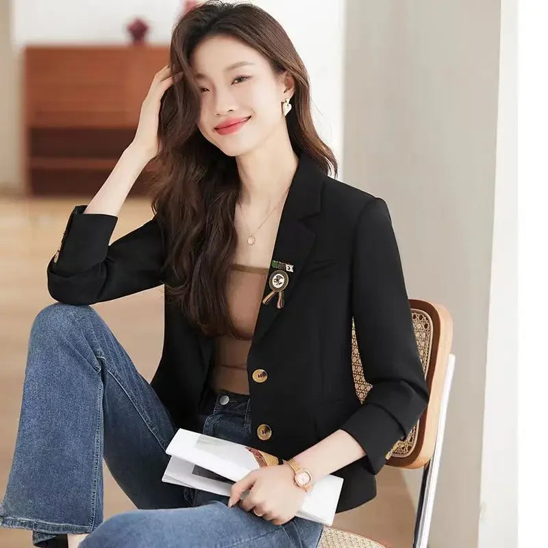 Caramel Short Suit Jacket Women's Casual High-Waisted 2025 New Spring Autumn Short Style Upper Body Fashion Polyester Fiber