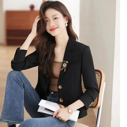 Caramel Short Suit Jacket Women's Casual High-Waisted 2025 New Spring Autumn Short Style Upper Body Fashion Polyester Fiber