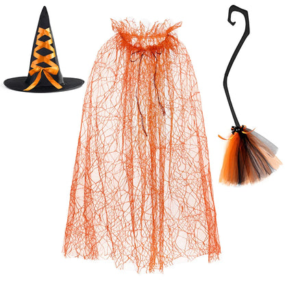 Halloween Witch Cloak Set Spider Web Sheer Mesh Cape Hat and Broom Set for Kids Boys Girls Appliques Feathers Animal