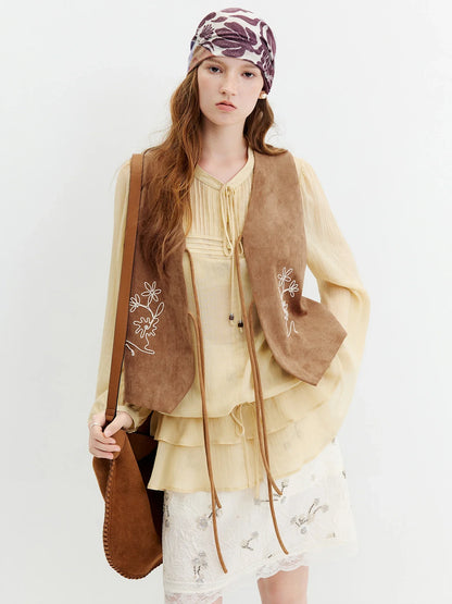 2026 Fall New Women‘s Faux Suede V-Neck Lace-Up Vest, Embroidered Cropped Layering Top Vintage Boho Chic Style Streetwear