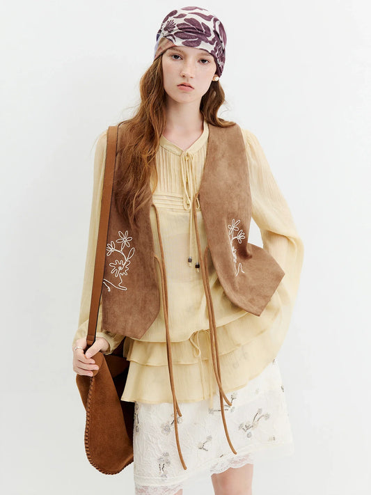 2026 Fall New Women‘s Faux Suede V-Neck Lace-Up Vest, Embroidered Cropped Layering Top Vintage Boho Chic Style Streetwear
