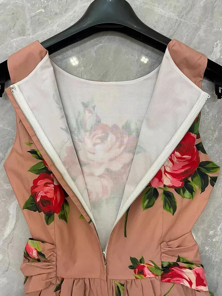 2026 Spring Women's New Fashion Round Neck Sleeveless Cotton Printed Tie a belt Waist cinching Dress