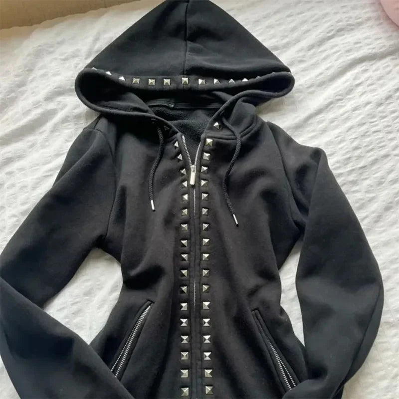Y2K New Emo Fashion Rivet Zipper Hoodie Women Harajuku Black Oversized Hoodie Gothic Retro Classic Sweatshirt Winter Clothing