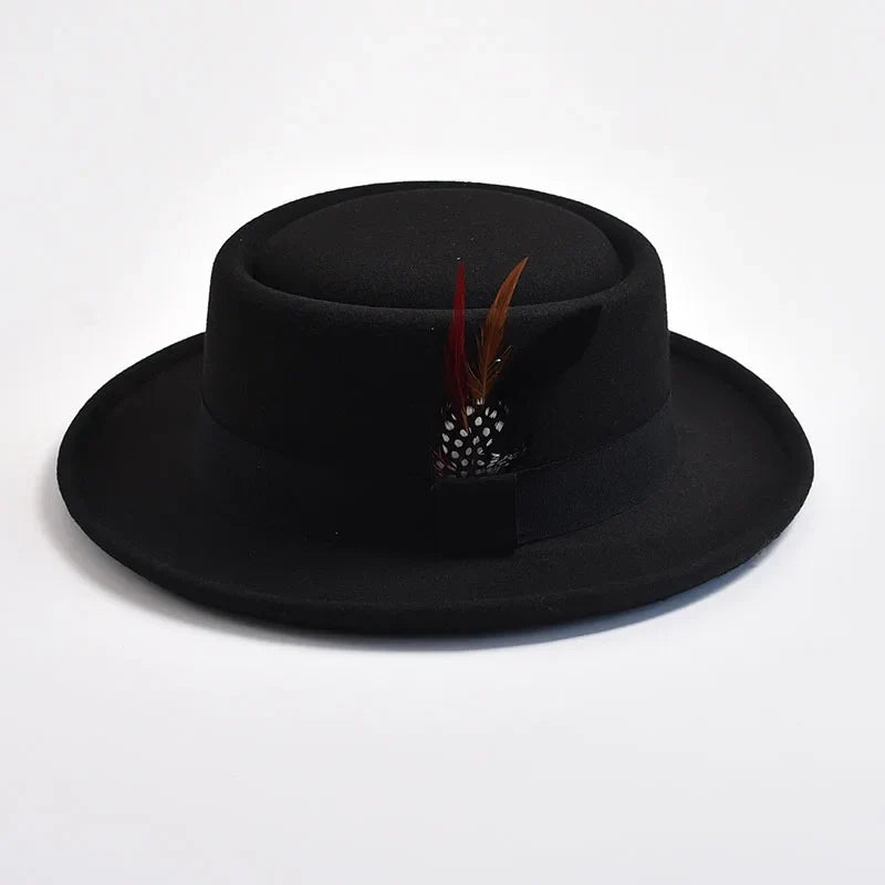 NEW Vintage Pork Pie Hat Mens Rolled Brim Felt Fedora Hat with Feather Gentleman Church Cap Trilby Jazz Hats