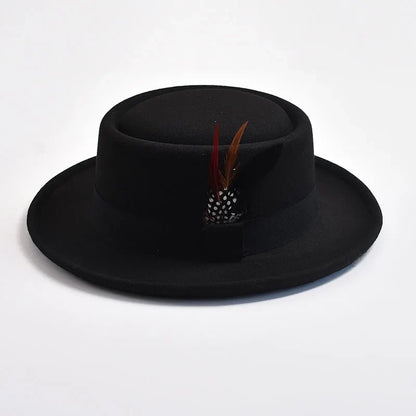 NEW Vintage Pork Pie Hat Mens Rolled Brim Felt Fedora Hat with Feather Gentleman Church Cap Trilby Jazz Hats