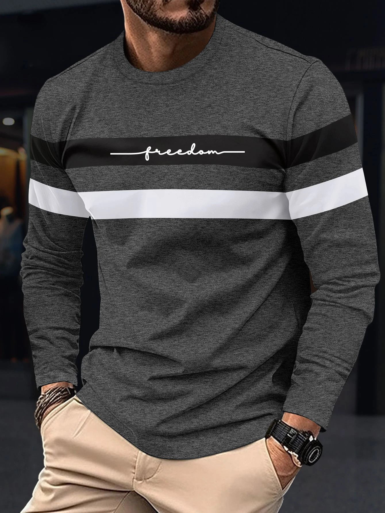 2026 Autumn Men's T-Shirt Clothing Fashion Oversized Crew Neck Long Sleeve T-Shirt Top Simple Casual Stripe T-Shirts For Men