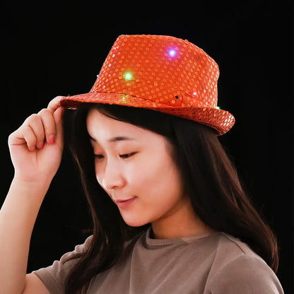 Stage Performance Flashing Light Up Led Fedora Trilby Jazz Hat Panama Cap Sequin