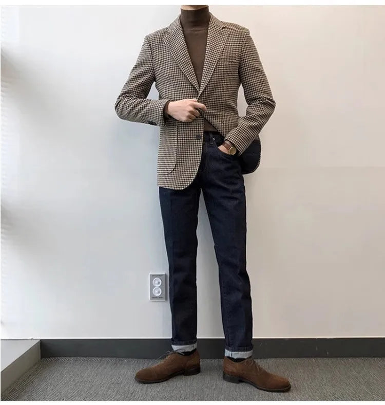 Autumn and Winter Casual Men's Retro Tweed Houndstooth Suit Men's Plus Size Outwear British Gentleman Wool Suit Trendy