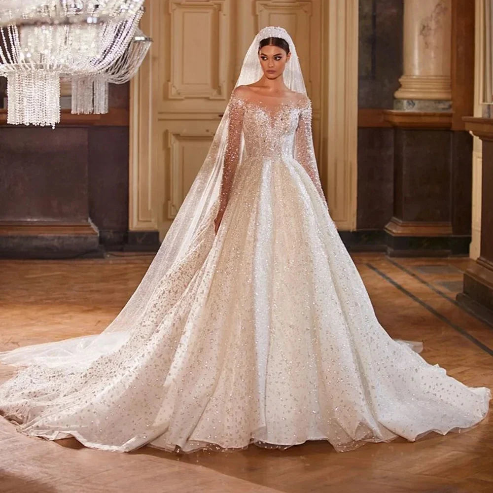 Shining Long Sleeve Ball Gown Wedding Dress Beading Tulle Luxury Hochzeitskleid Button Back Gorgeous Trouwjurk