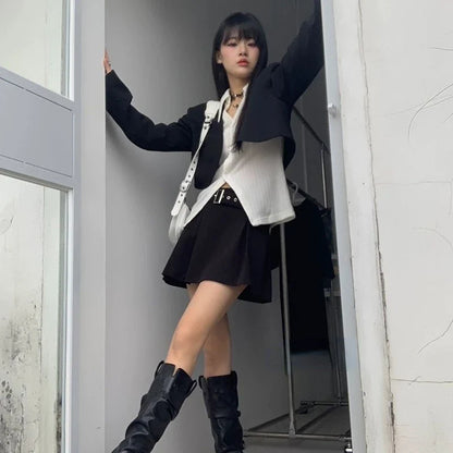 Blazers Women Black Vintage Fashion Hot Sale Spring Office-look Simple Crops Design Cozy All-match Korean Style Tender Outwear