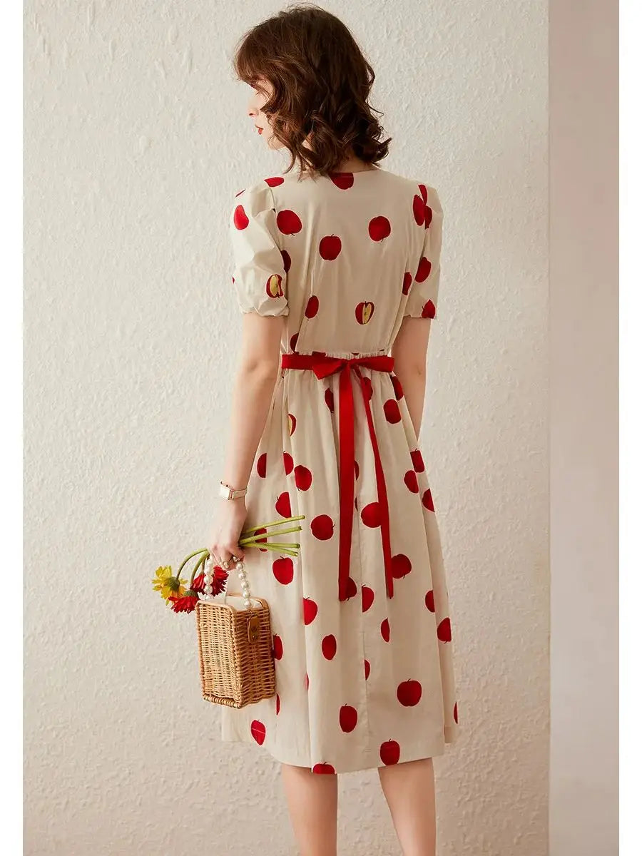 Women Dress 2024 Summer New Elegant Print Apple Round Neck Short Sleeve High Waist Puff Sleeve A-line Long Dress