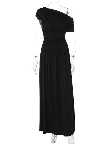 One Shoulder Ruched Sleeveless Solid Pleated Sexy Irregular Y2K Maxi Dress Summer Elegant Party Women Clothes Vacation