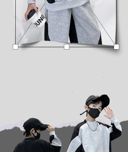 Spring Boys Black x Grey Contrast Pullover Sweatshirt+Sweatpant Work Set School Kid 2PCS Tracksuit Children Jogger Outfit 5-16Yr