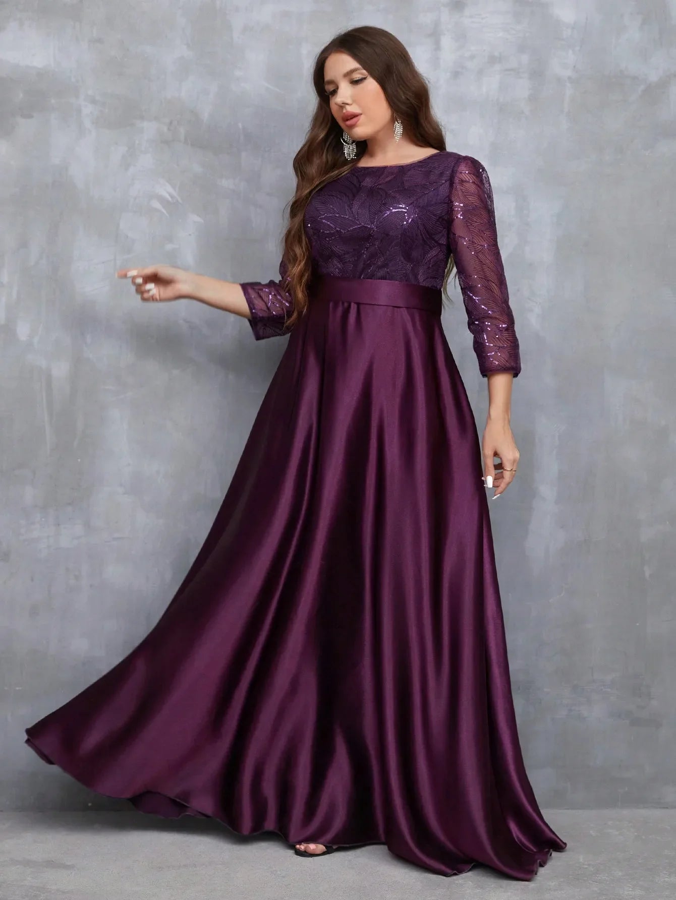 Crew neck long sleeve sequin patchwork satin long gown ball dress Party dress Bridesmaid dress