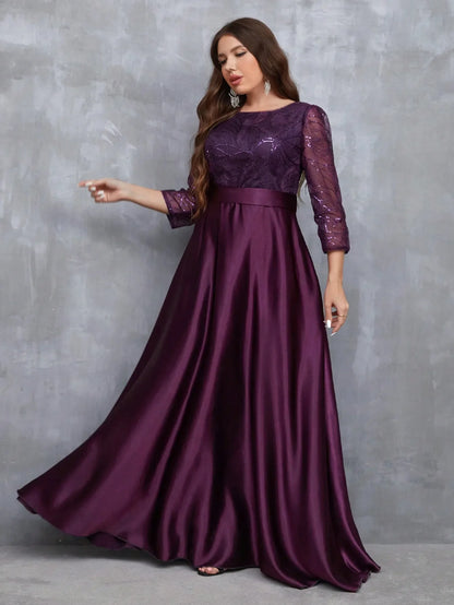 Crew neck long sleeve sequin patchwork satin long gown ball dress Party dress Bridesmaid dress