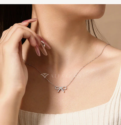 925 Sterling Silver Bowknot Pendant D VVS1 Moissanite Luxury Necklaces for Women Engagement Party Ramadan Gift Jewelry
