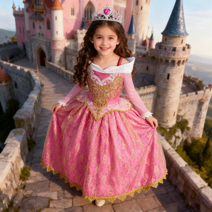 Girl Aurora Princess Dress Children Luxurious Cosplay Costume Rose Pink Briar Rose Outfit Kids Carnival Birthday Party Clothing