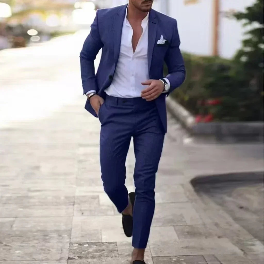 Casual Linen Tuxedo Suits for Men 2 Pieces Blazer and Pants Set Notched Lapel Men's Suit for Wedding Summer Beach Prom Party