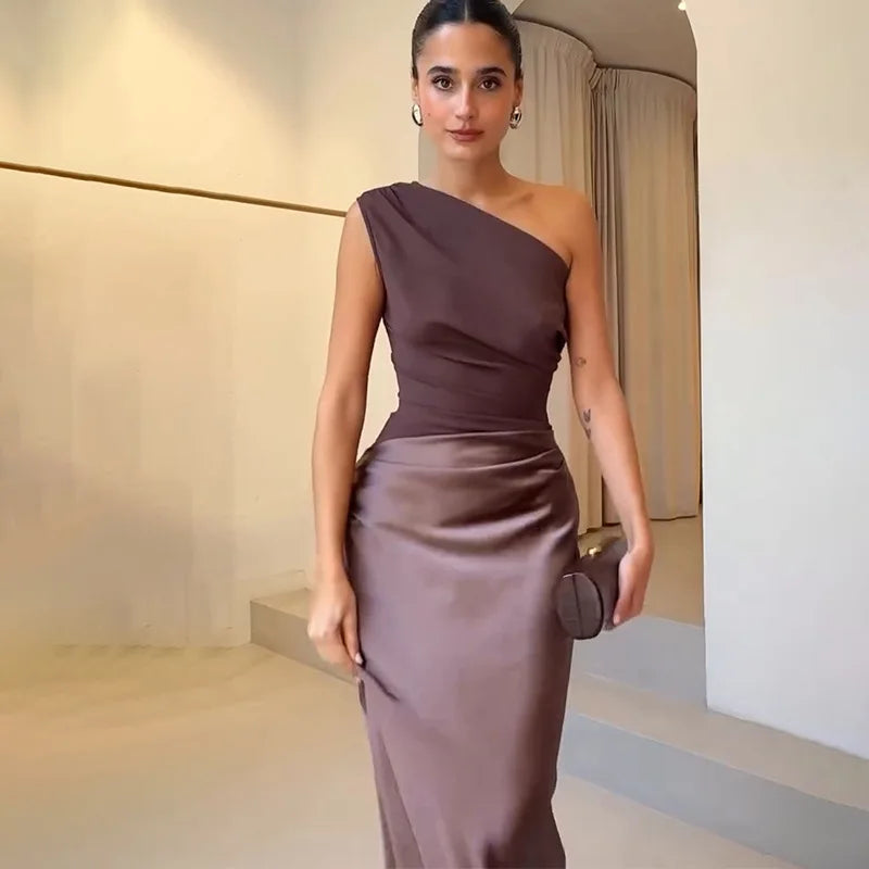Patchwork Satin Sexy Dress Women One Shoulder Brown Sleeveless Evening Maxi Dress 2025 New Summer Elegant Party Clubwear Dresses