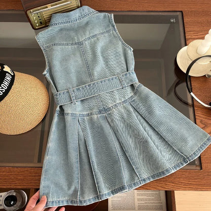 Summer New Girls Denim Dress Belt Decoration Lapel Collar Sleeveless Tutu Princess Dress For 2 -10 Years Kids Fashion Dress
