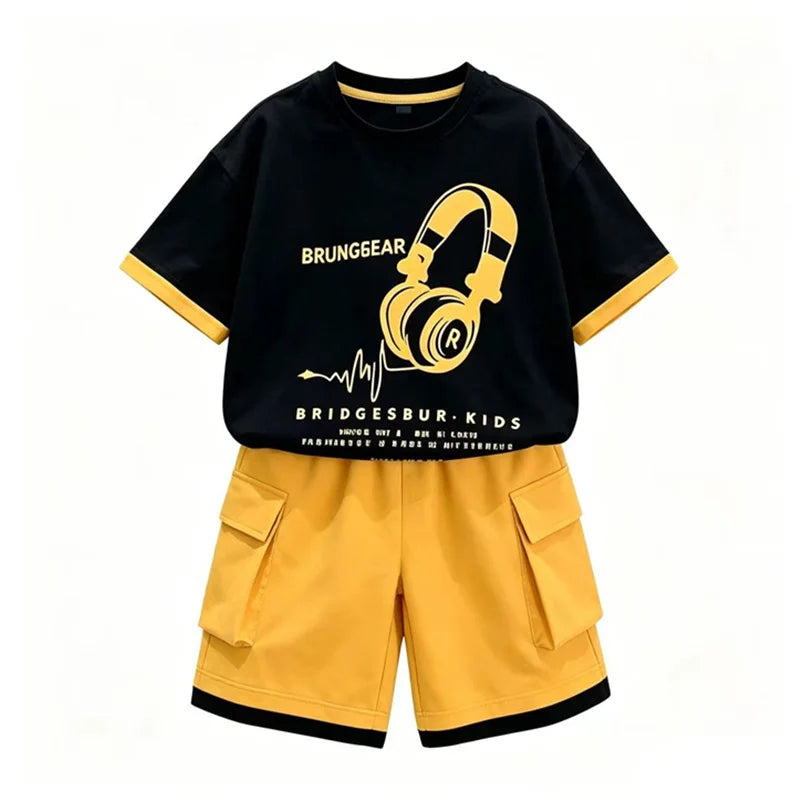 Fashion Stylish Kids Boys Top and Bottom Set Summer Tracksuit Streetwear Children New Trend Short Sleeve Clothes Suit Age 5-14 Y
