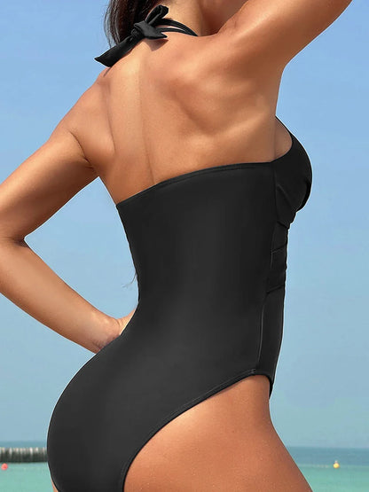 2026 Plain Ruched Mesh Swimsuit Women One Piece Ring Link Swimwear Female Sexy Bathing Swimming Suit Bodysuit Summer Beachwear