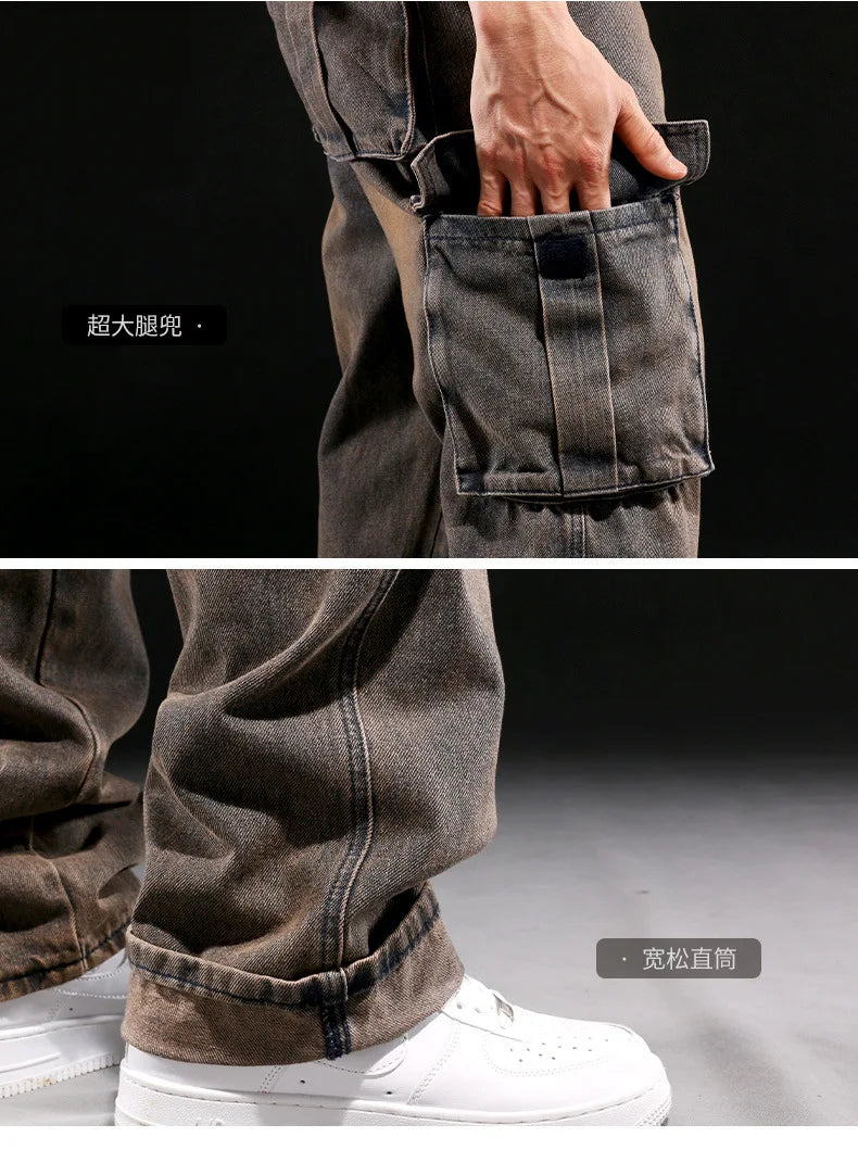 New Men's Fashion Multiple Pockets Loose Jeans Casual Denim Straight Pants Male Hip Hop Wide Leg Cargo Trousers Streetwear