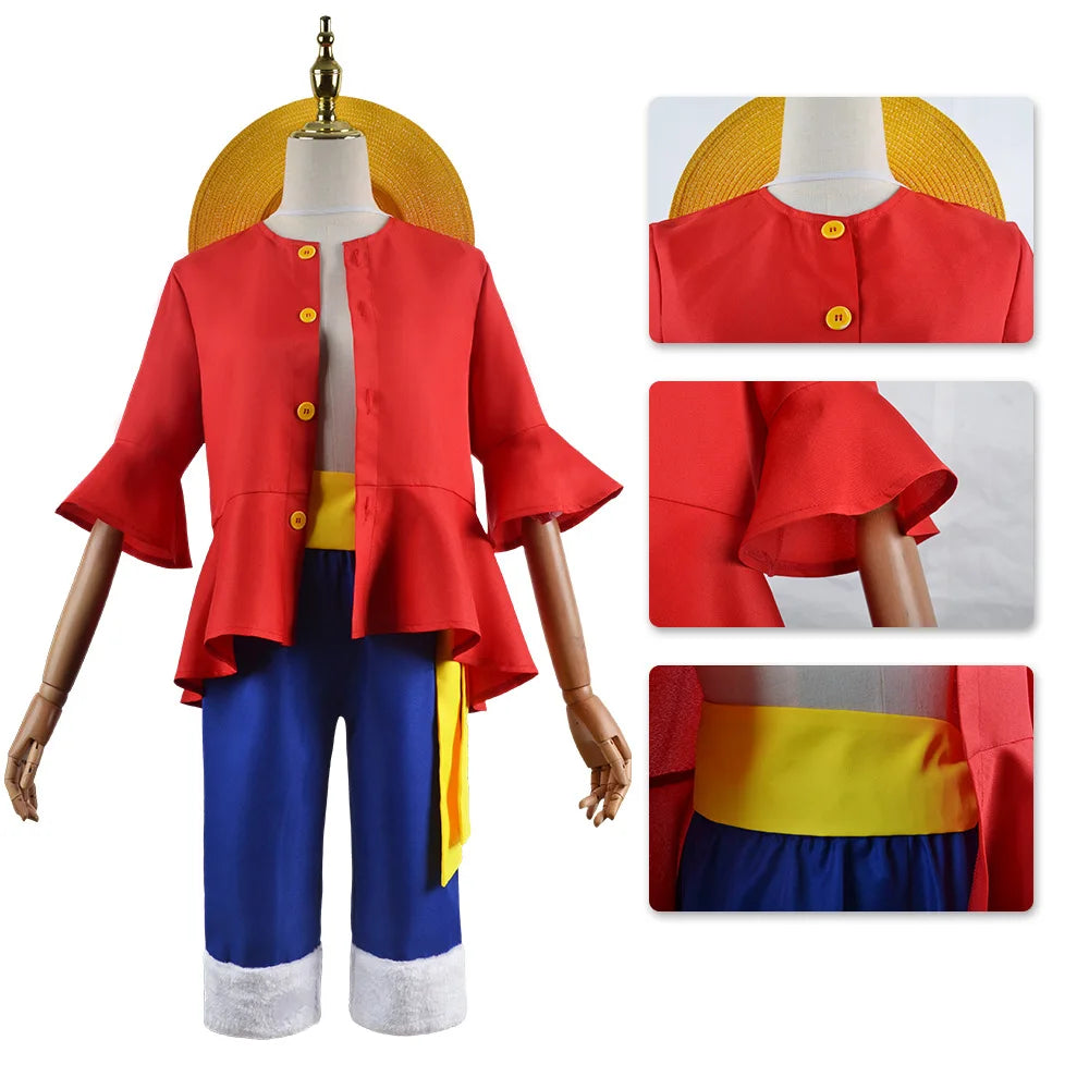 Anime Monkey D Luffy Cosplay Costumes ONE PIC Sun God Luffy Cosplay Red Suits Hat Halloween Carnival Costume For Adult Kids