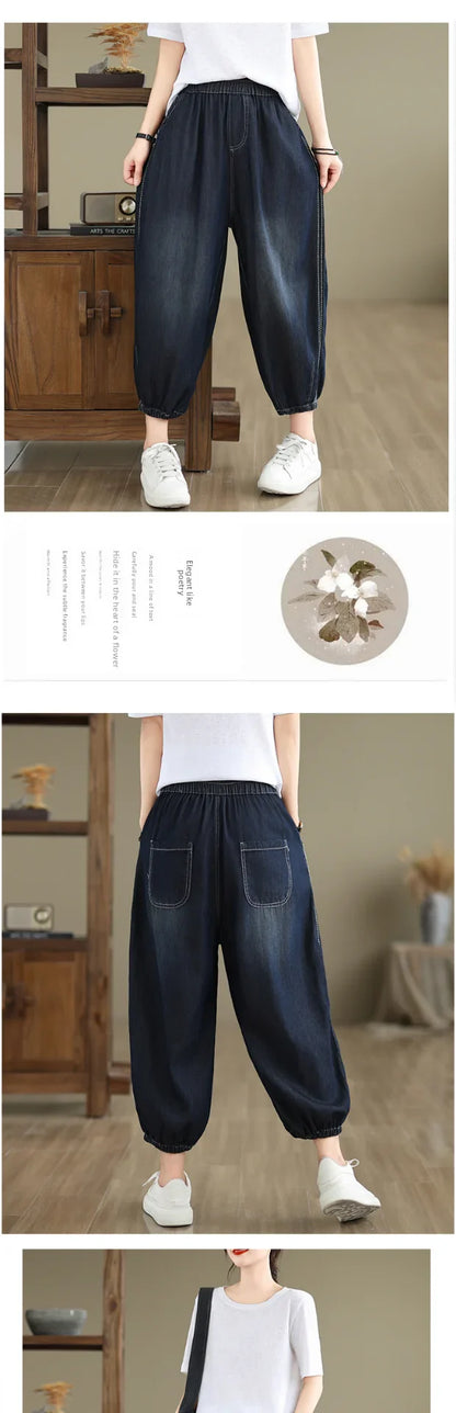Retro Full Cotton Waed Denim Pants Women Summer Elastic Waist Thin Slimming Lantern Pants Marked Line Nine Points Harlan Pants