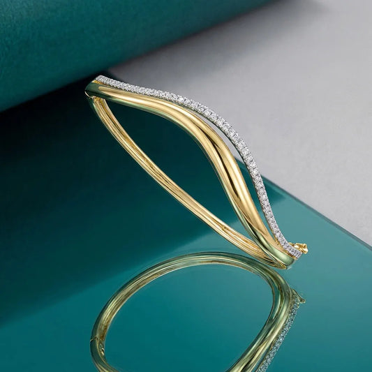 Bracelets jonc double ondulé pour femmes Certifié GRA Diamant 1,5 mm Argent sterling 925 Plaqué or 18 carats Bracelet