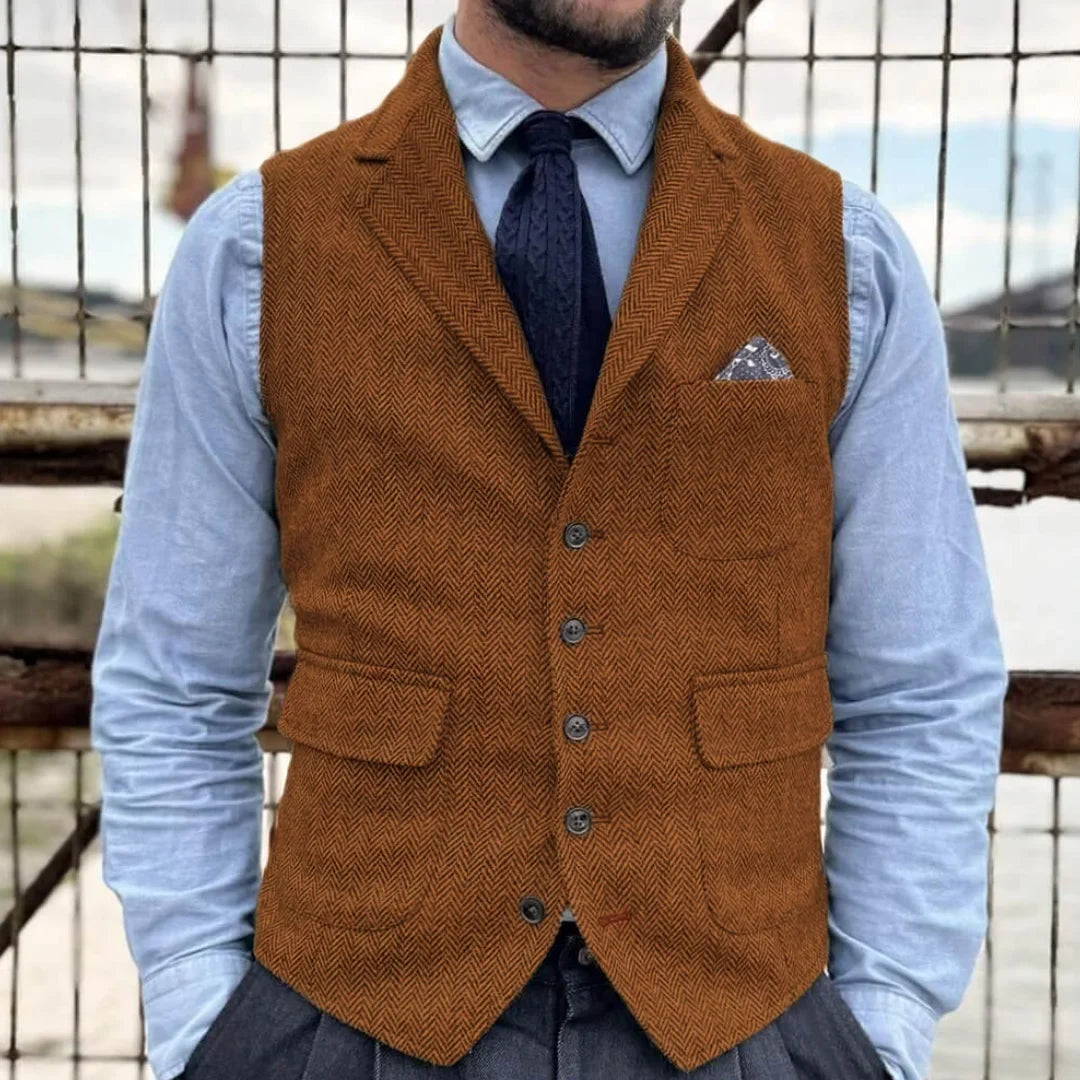 Men Vest Khaki Herringbone Single Button With Lapel Waistcoat For Banquet Party Business Office Work Casual Daily Men Suit Vest