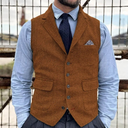Men Vest Khaki Herringbone Single Button With Lapel Waistcoat For Banquet Party Business Office Work Casual Daily Men Suit Vest
