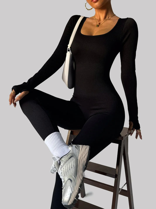 Women's one-piece yoga suit black jumpsuit long sleeved bodysuit sexy and fashionable streetwear casual sports bodysuit