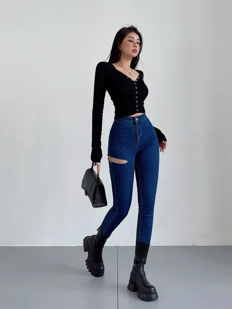 American Spicy Girls Sexy Hole Jeans Slim High Waist Elastic Feet Pencil Pants Trousers Fashion Women BOF8
