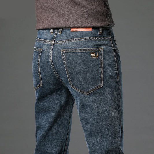 2025 Fall New Men's Cotton Stretch Slim Jeans Straight Version Business Fashion Denim Pants Vintage Blue Brand Trousers Black