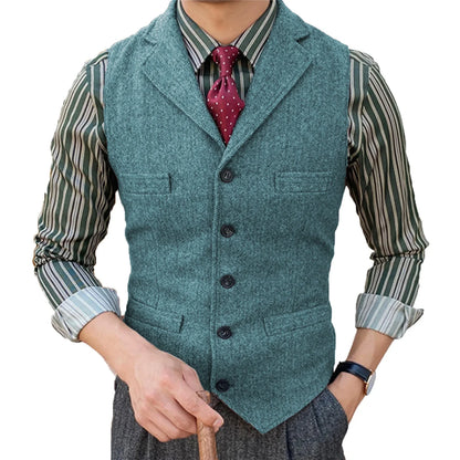 Men's  Vest Slim Fit Suits Vest Herringbone Tweed Notch Lapel Wool Business Casual Waistcoat Grossmen For Wedding