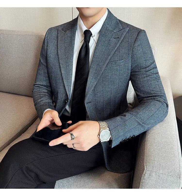 Men's Herringbone Stripe Suit Blazer Classic Lapel Dress Jacket Elegant Slim Fit Fashion Simple Casual Business Prom Suit Jacket
