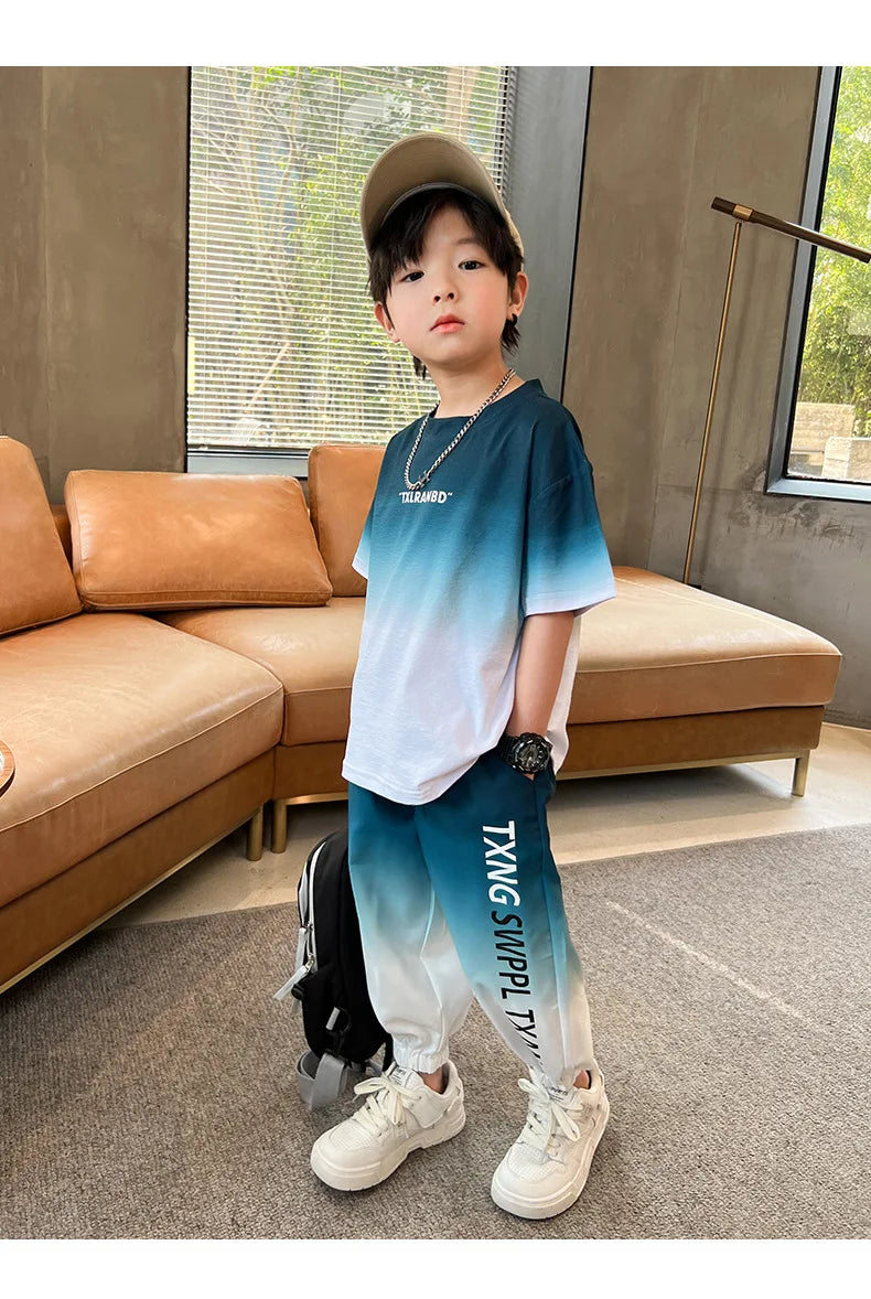 Summer Boys Gradient Contrast Alphabet t-Shirt Tops+Pant Workout Sets School Kids 2PCS Tracksuit Children Jogger Outfits 5-16 Yr