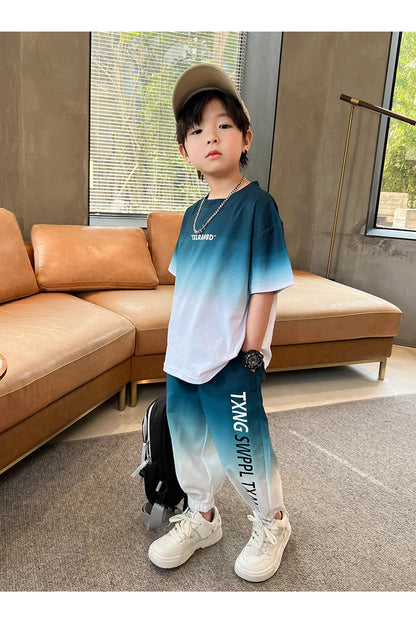 Summer Boys Gradient Contrast Alphabet t-Shirt Tops+Pant Workout Sets School Kids 2PCS Tracksuit Children Jogger Outfits 5-16 Yr