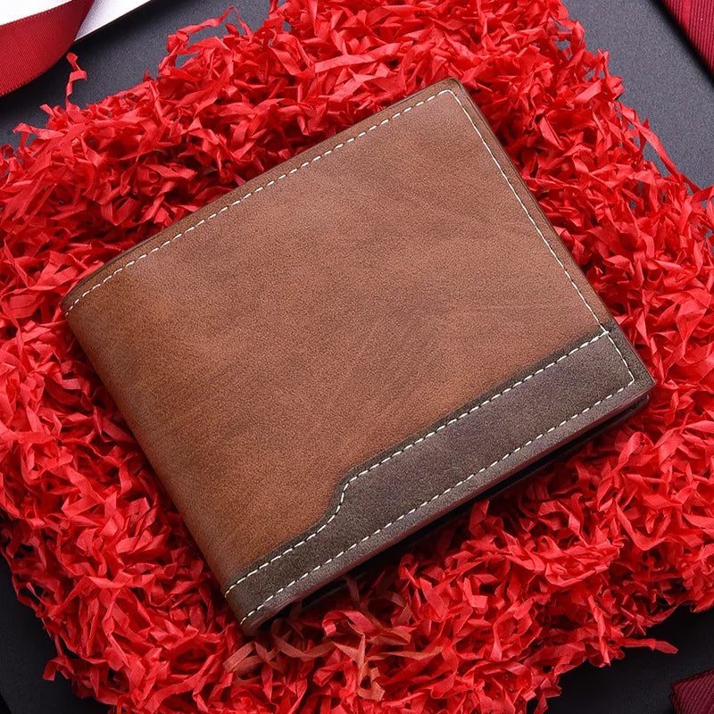 New PU Leather Men's Short Wallet Two Fold Design, Black/Coffee Retro Style, Coin Purse with ID Card Holder, Suitable for Men